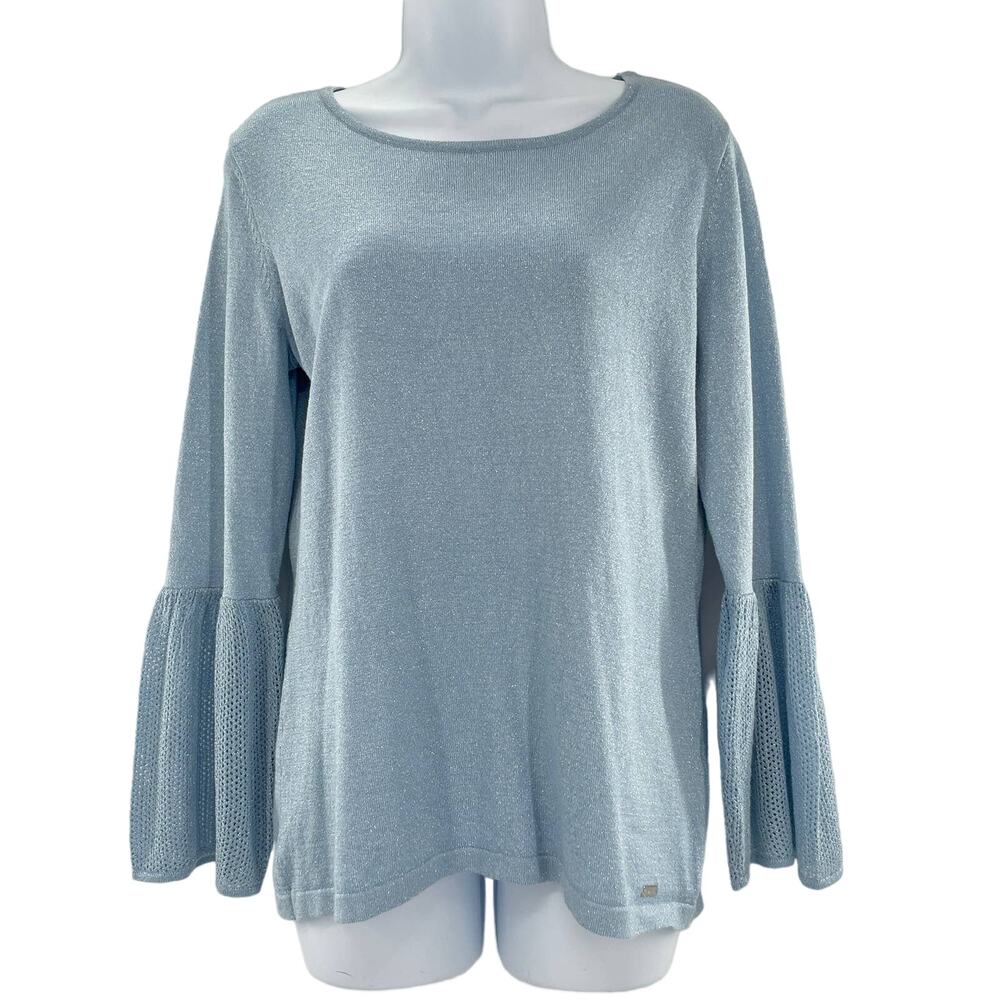 CALVIN KLEIN Blue Metallic Knit Boat Neck 3/4 Bell Sleeve Sweater Top S